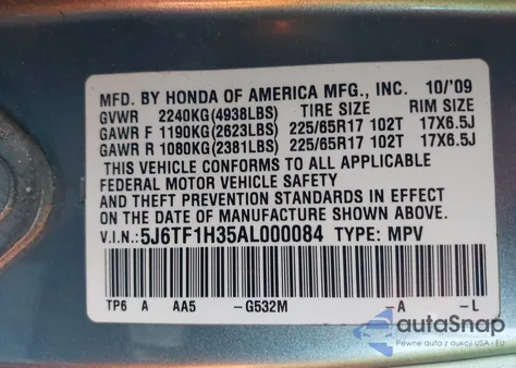 2010 Honda Accord Crosstour Ex z USA, uszkodzony, nr VIN 5J6TF1H35AL000084
